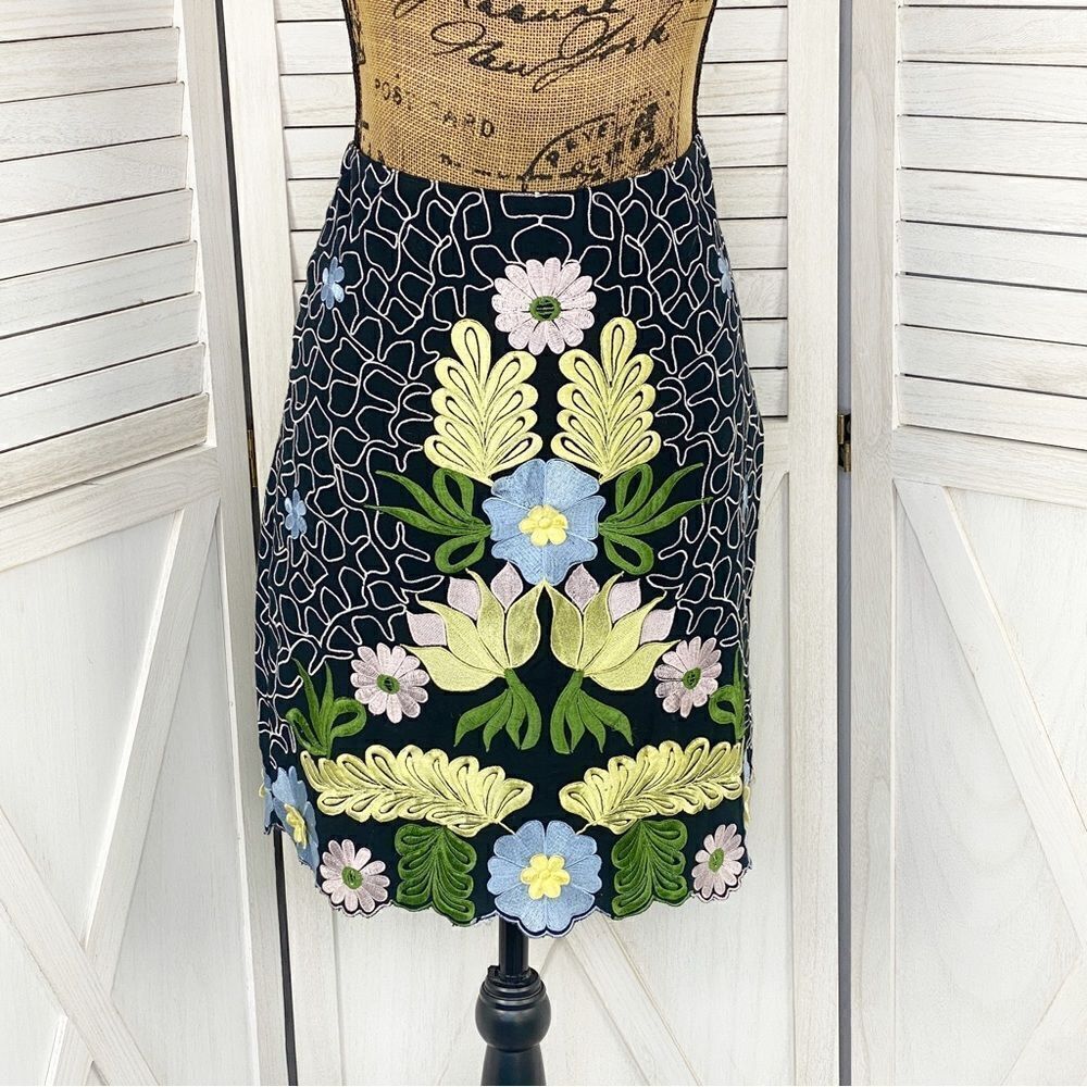 Anthropologie Snak Embroidered Floral‎ A Line Skirt Blue Multi 4 Cottagecore